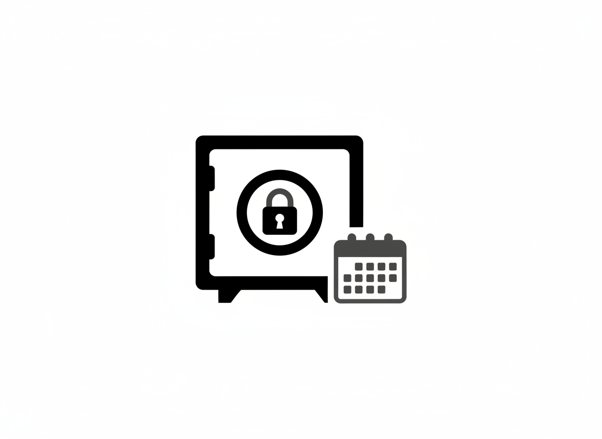 Minimalistisches Symbolbild zu Festgeld: Tresor mit Kalender-Symbol in Schwarz-Weiß-Grau