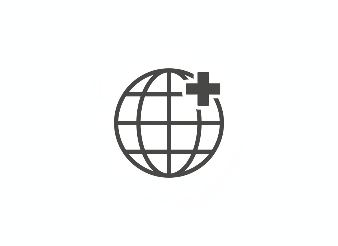 Minimalistisches Symbolbild zur Auslandskrankenversicherung: Globus mit medizinischem Kreuz in Schwarz-Weiß-Grau