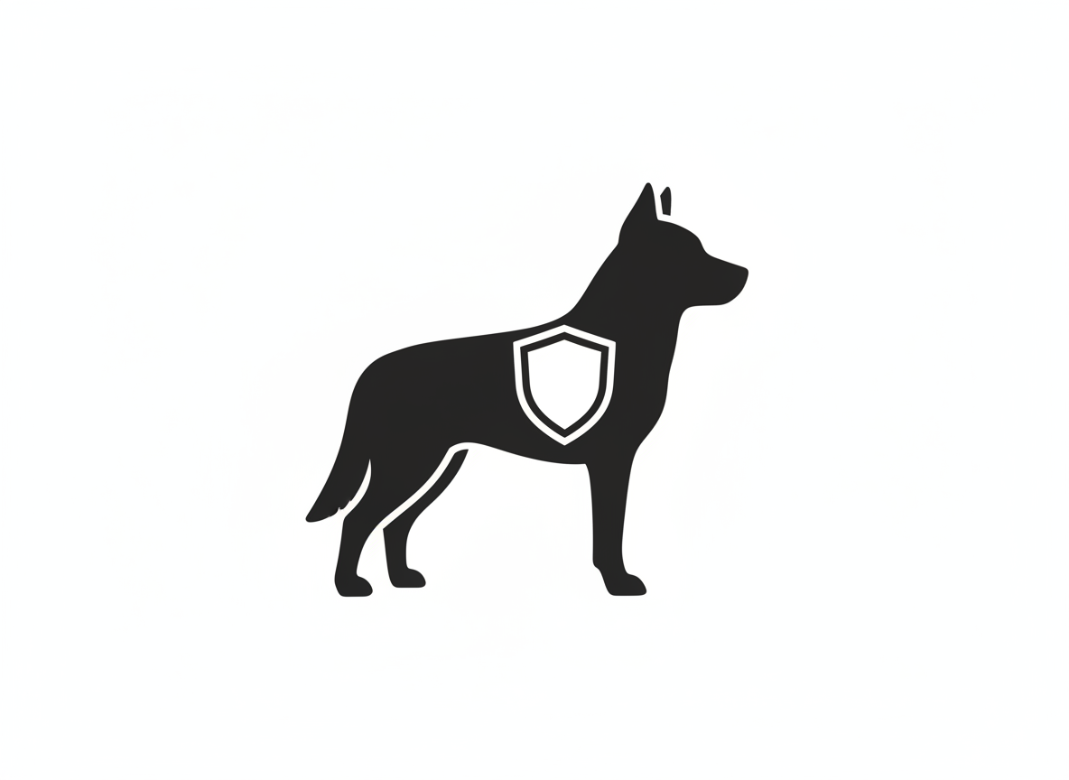 Minimalistisches Symbolbild zur Tierhalterhaftpflichtversicherung: Hund-Silhouette mit Schild in Schwarz-Weiß-Grau
