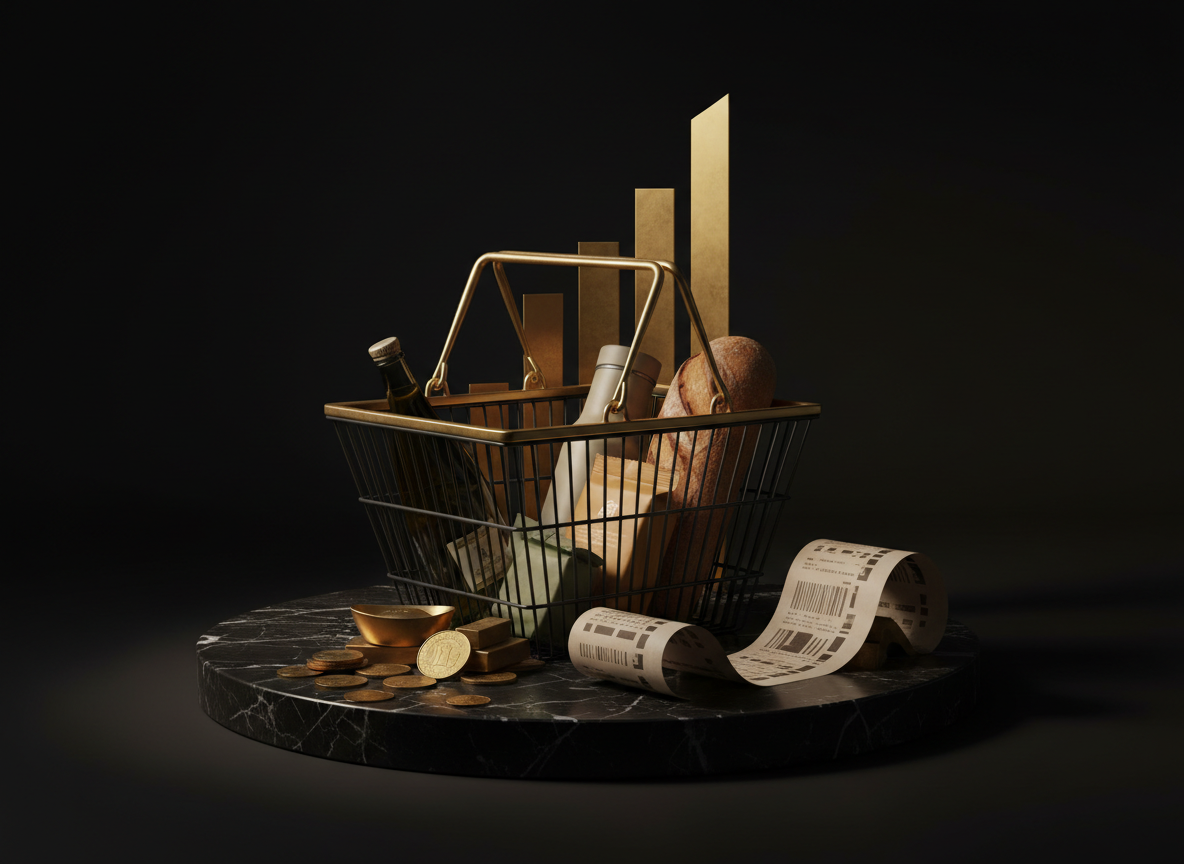 Einkaufskorb, Münzen, Kassenbeleg und steigendes Diagramm zur Erklärung von Inflation und Kaufkraft