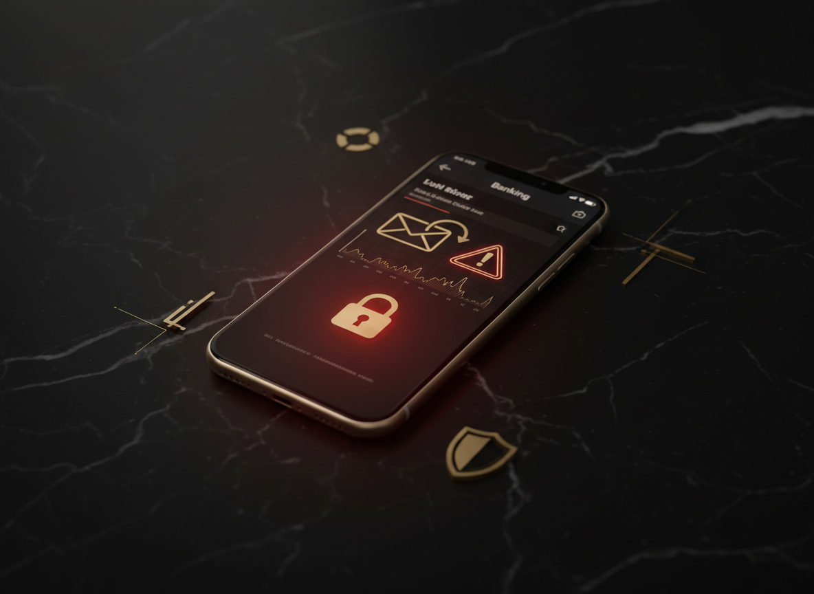 Smartphone mit verdächtiger Nachricht, Warnsymbol und Schloss zum Thema Phishing im Online-Banking